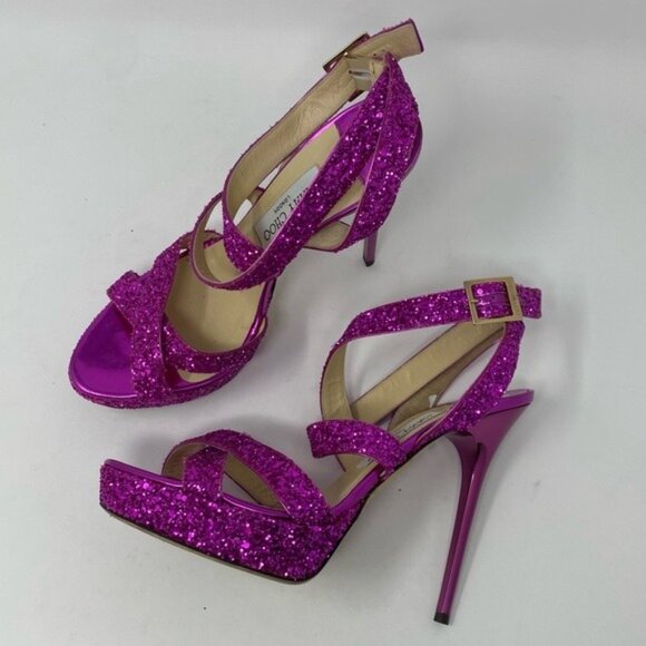 Jimmy Choo Vamp Glitter Crisscross Platform Sandals Size...